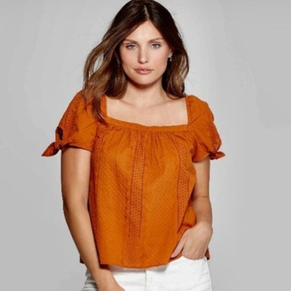 100% Cotton Eyelet Tie Sleeve Blouse Cottagecore Peasant Puff Sleeve Top XS